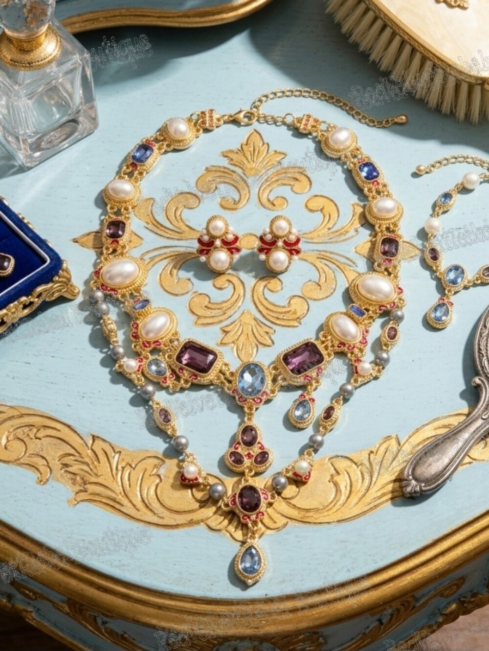 Vintage Luxury French Palace Court Style Crystal Gold Statement Necklace